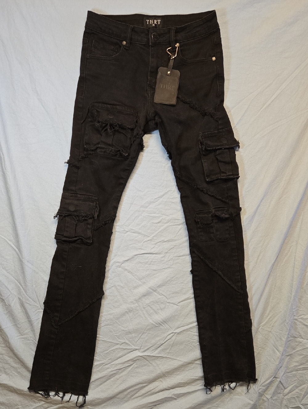Thrt Black Distressed Stacked Style Skinny Cargo Flare Denim Jeans